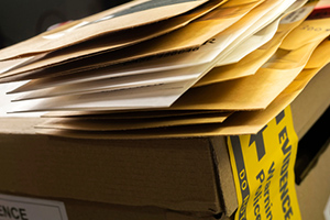 A stack of envelopes on a box